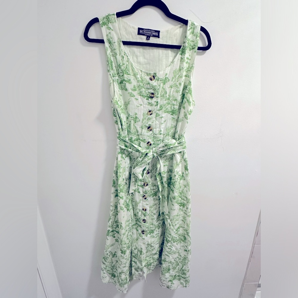 The J. Peterman Company size 8 belted shirt dress sleeveless Green White Toile